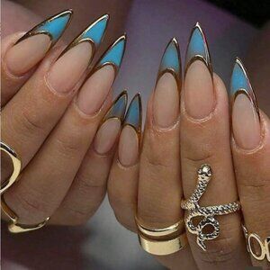 24pcs Long Turquoise w/ Gold Accents French Manicure Press-On Nails New